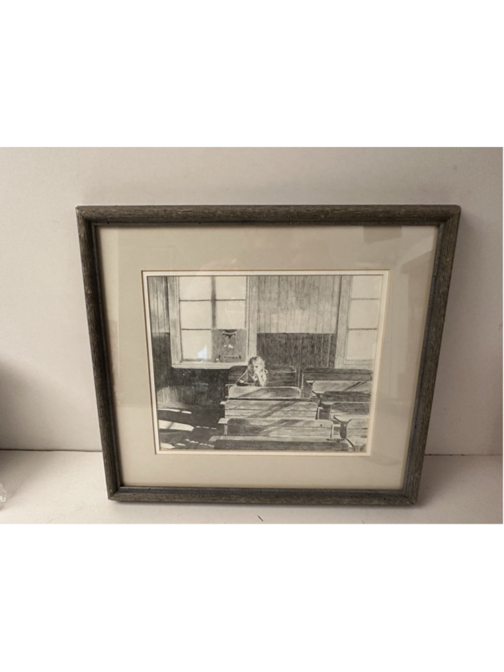 Vintage 1970 Original Pencil Drawing Schoolhouse Classroom Desk Signed Troya All